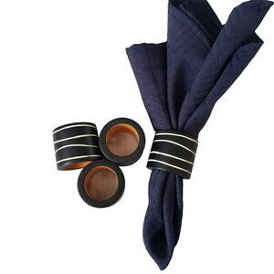 Vintage Thick Wooden Round Napkin Rings Black with White Stripes Set of 4 MCM